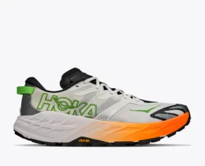 Hoka Speedgoat 7 lateral exterior en color Frost y Neon Tangerine